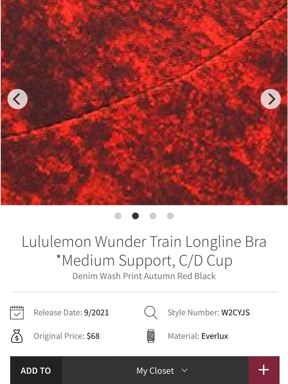 8 Lululemon Wunder Train Longline Bra, C/D Cup Denim Wash Print Autumn Red Black